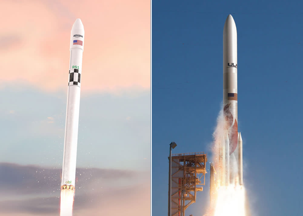 From left: Artist renderings of the launches of an RS1 rocket and a Vulcan rocket.